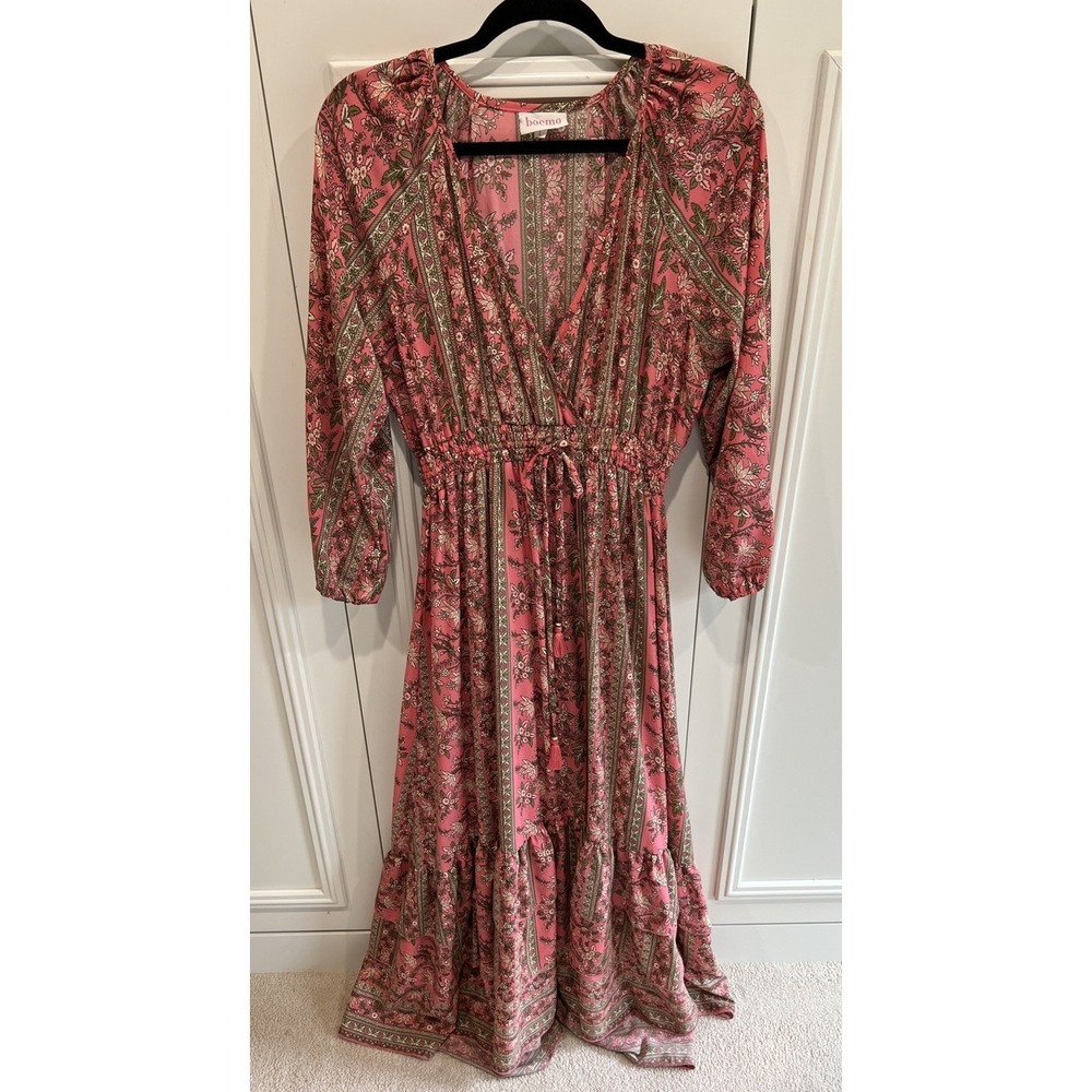 Boemo Tiered Maxi Dress Pink‎ Floral Boho Cottagecore Empire Waist Peasant